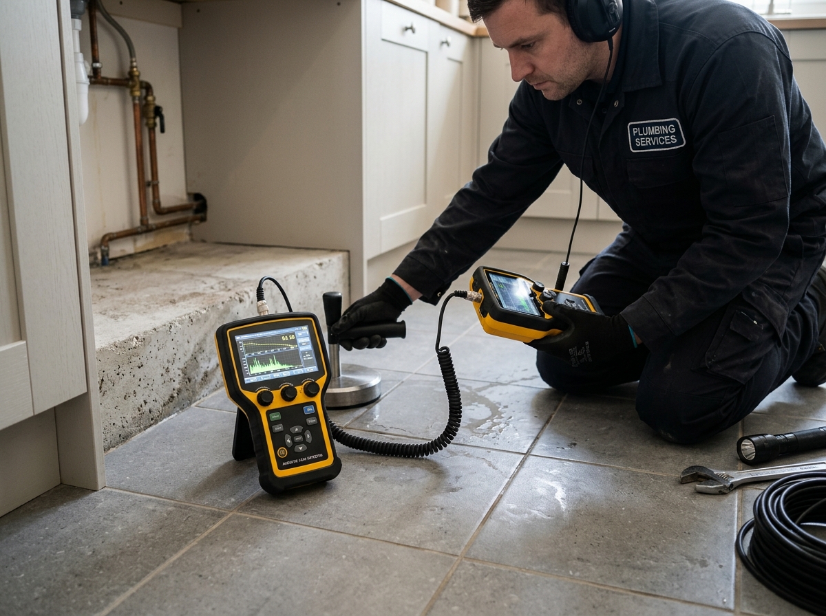 Acoustic electronic slab leak detection on concrete foundation in Flower Mound TX